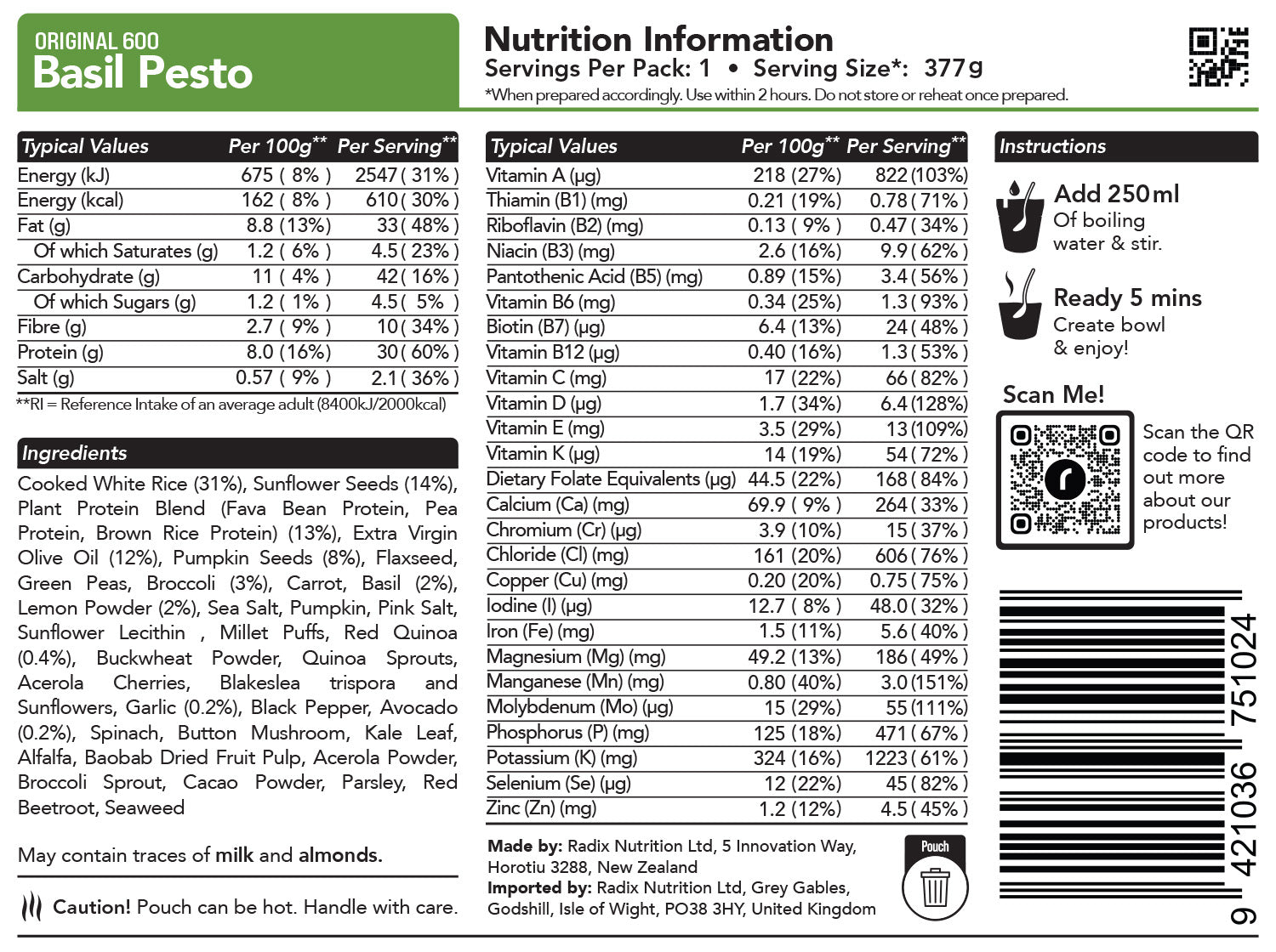600 Kcal (1 Serving) / Basil Pesto
